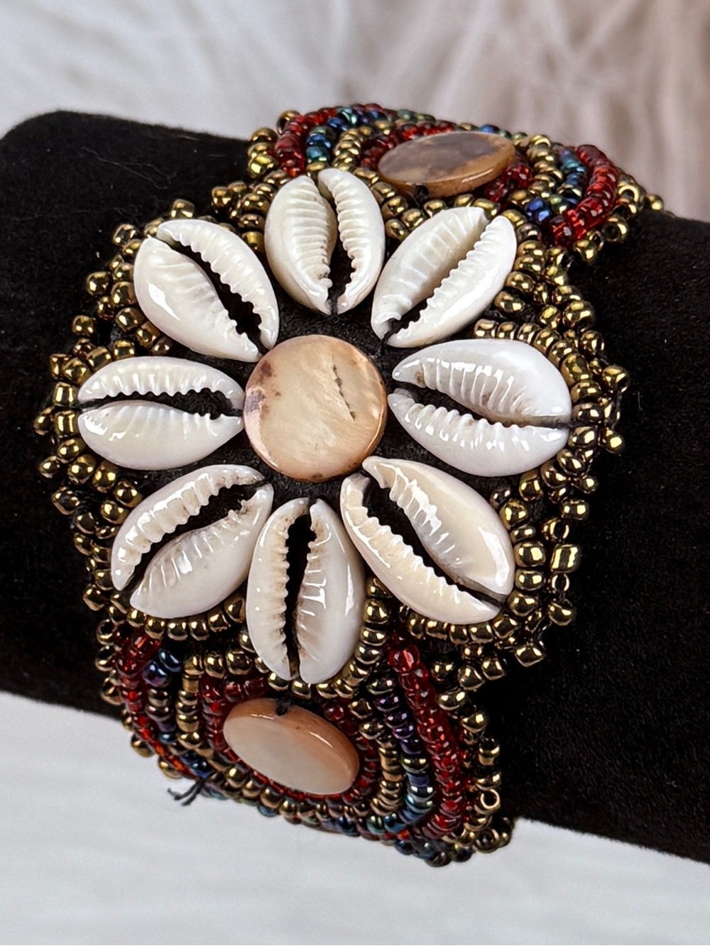 Artisan Handmade Beaded Cowrie Shell Boho Tribal Statement Bracelet